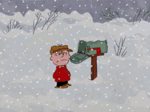 A Peanuts character named Charlie Brown stands beside his mailbox. The mailbox is open, and Charlie Brown is upset that there's no mail for him.
